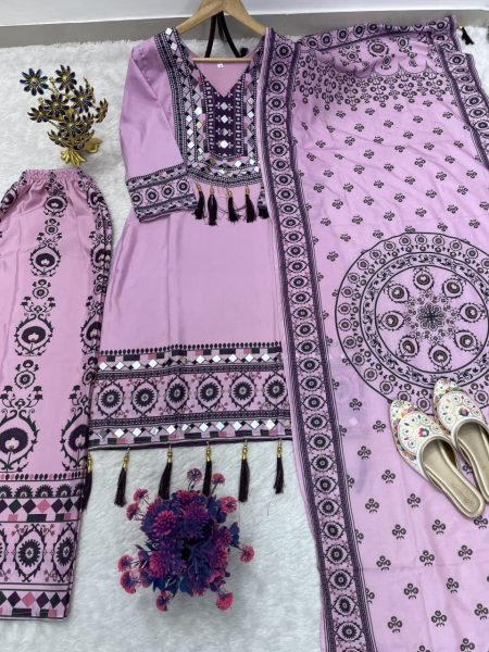 Enduring Pink Muslin Palazzo Set With Heavy Printed Work On Neck Design For Wholesale Ethnic Wear Ready To Wear Collection