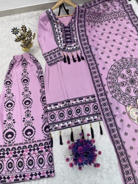 Enduring Pink Muslin Palazzo Set With Heavy Printed Work On Neck Design For Wholesale Ethnic Wear Ready To Wear Collection