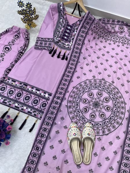 Enduring Pink Muslin Palazzo Set With Heavy Printed Work On Neck Design For Wholesale Ethnic Wear Ready To Wear Collection