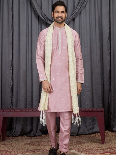 Enduring Pink Stylish Art Silk Kurta with Aligadhi Pant Mens Wear