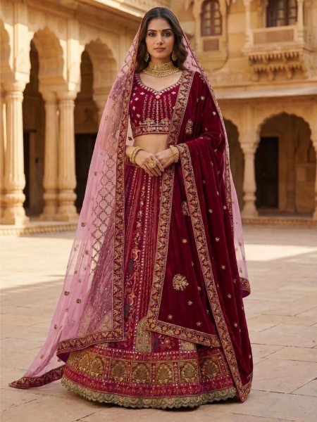 Enduring Pink Velvet Lehenga Choli with Heavy Embroidery and Double Dupatta  Lehenga