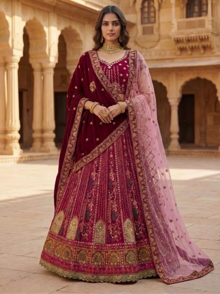 Enduring Pink Velvet Lehenga Choli with Heavy Embroidery and Double Dupatta Bridal Lehenga Choli