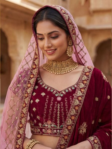 Enduring Pink Velvet Lehenga Choli with Heavy Embroidery and Double Dupatta Bridal Lehenga Choli