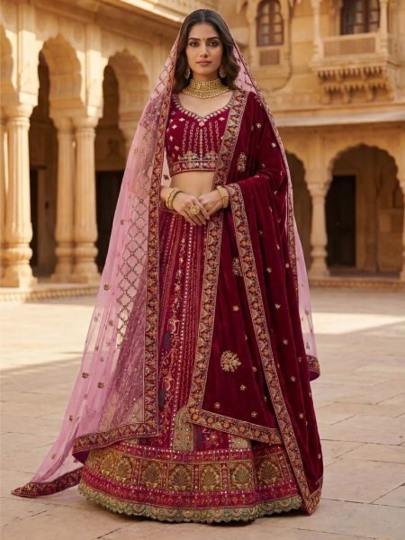 Enduring Pink Velvet Lehenga Choli with Heavy Embroidery and Double Dupatta Bridal Lehenga Choli