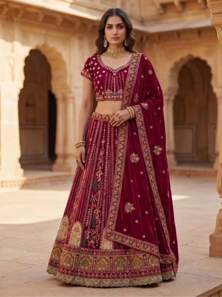 Enduring Pink Velvet Lehenga Choli with Heavy Embroidery and Double Dupatta Bridal Lehenga Choli