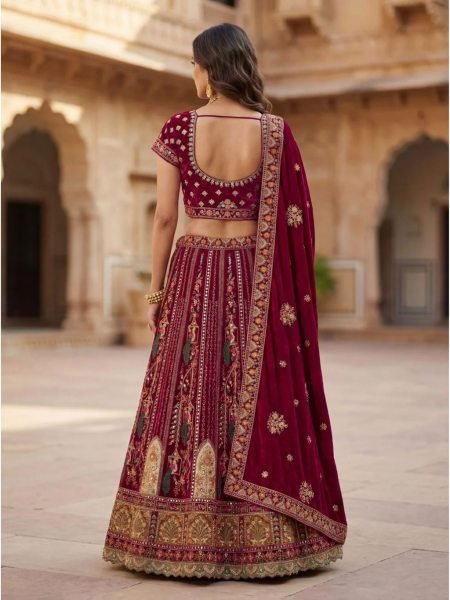 Enduring Pink Velvet Lehenga Choli with Heavy Embroidery and Double Dupatta Bridal Lehenga Choli