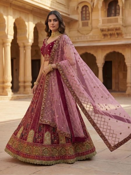 Enduring Pink Velvet Lehenga Choli with Heavy Embroidery and Double Dupatta Bridal Lehenga Choli