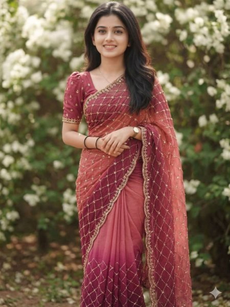 Enduring Pink Women Fancy Sequins Work Satin Patta Border Viscose Georgette Saree Sarees 