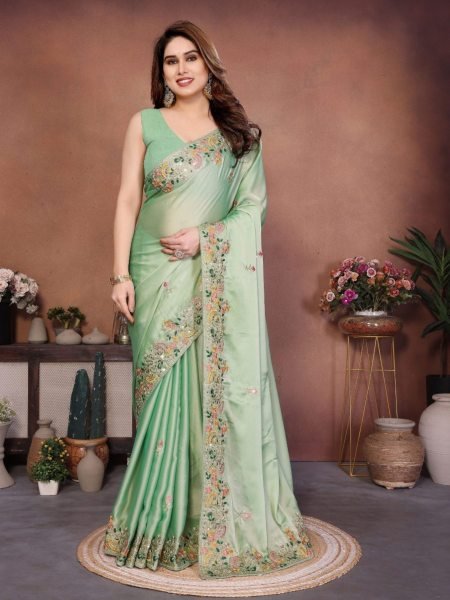 Enduring Pista Embroidered Silk Blend Saree with Unstitched Blouse  Silk Sarees Wholesale