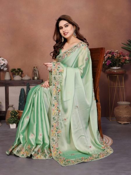 Enduring Pista Embroidered Silk Blend Saree with Unstitched Blouse  Silk Sarees Wholesale