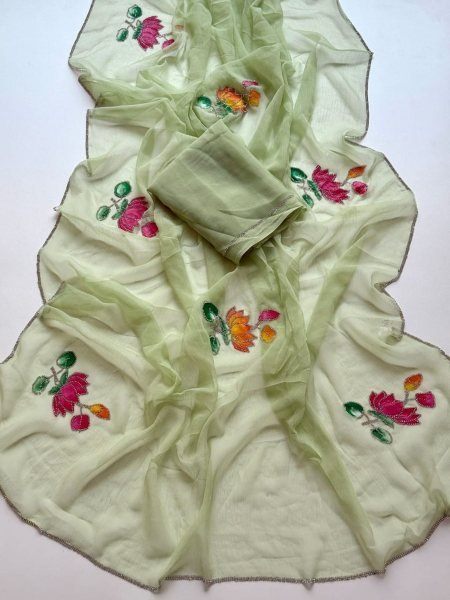 Enduring Pista Women's Pure Chiffon Saree with Designer Jarkan Stone Border 