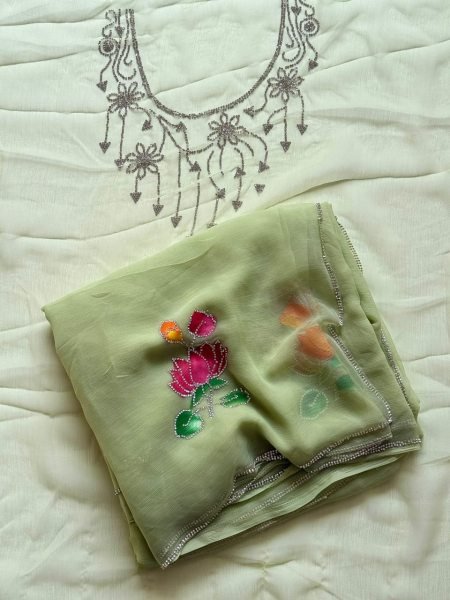 Enduring Pista Women's Pure Chiffon Saree with Designer Jarkan Stone Border Pure Chiffon Sarees Wholesale