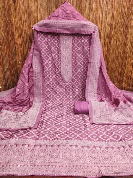 Enduring Purple Chanderi Maslin Jacquard Suit Set with Santoon Bottom 