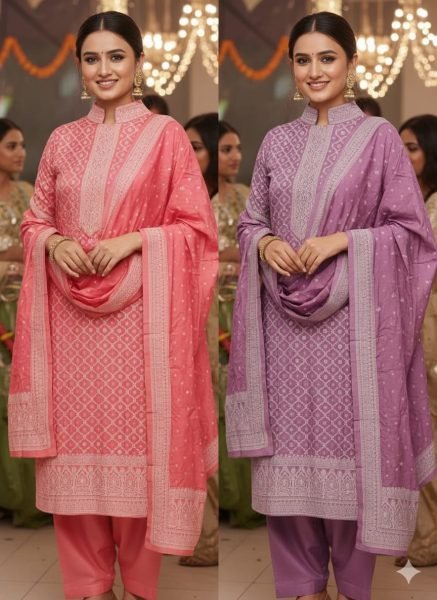 Enduring Purple Chanderi Maslin Jacquard Suit Set with Santoon Bottom Color Set Matching Dress Material Wholesale