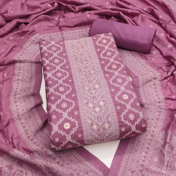 Enduring Purple Chanderi Maslin Jacquard Suit Set with Santoon Bottom Color Set Matching Dress Material Wholesale