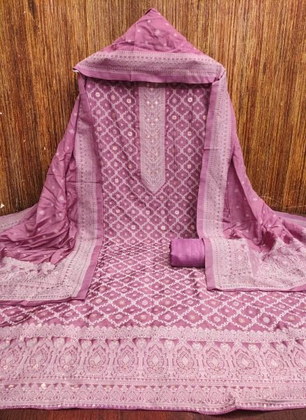Enduring Purple Chanderi Maslin Jacquard Suit Set with Santoon Bottom Color Set Matching Dress Material Wholesale