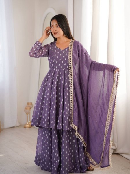 Enduring Purple Silk Sharara Set with Sequence Embroidery And Dupatta Ready To Wear Suit