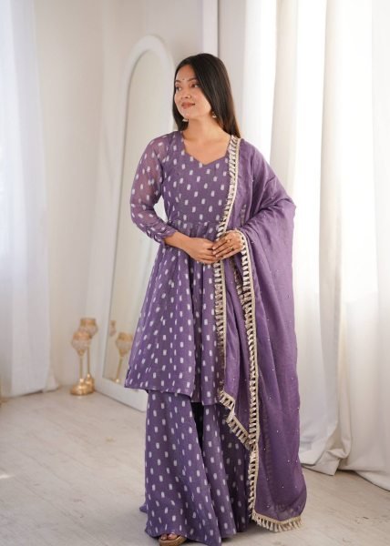 Enduring Purple Silk Sharara Set with Sequence Embroidery And Dupatta Ready To Wear Collection