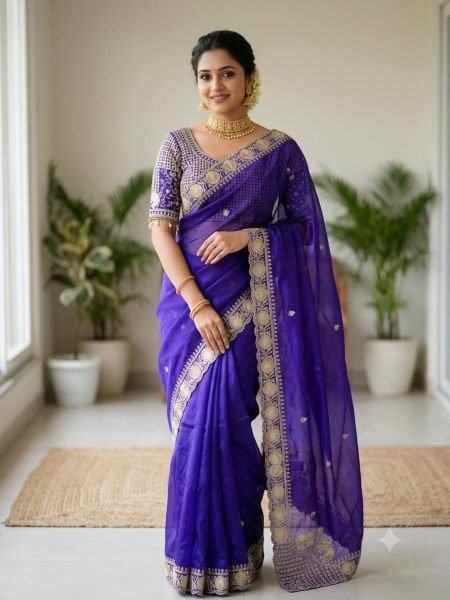 Enduring Purple Designer Pure Fendy Satin Saree with Real Mirror Work Stitched Blouse For Wedding Wear 