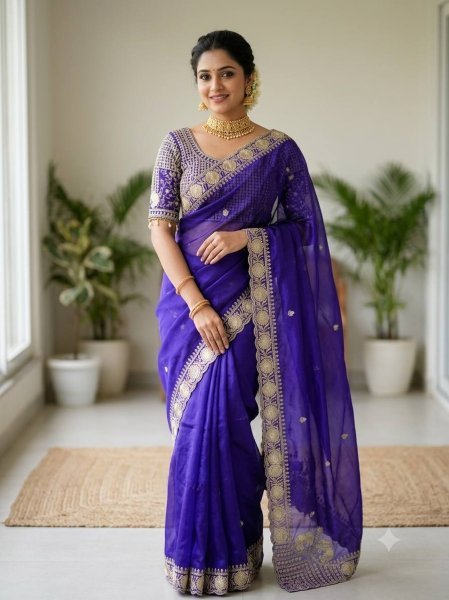 Enduring Purple Designer Pure Fendy Satin Saree with Real Mirror Work Stitched Blouse For Wedding Wear Designer Wedding Sarees Wholesale
