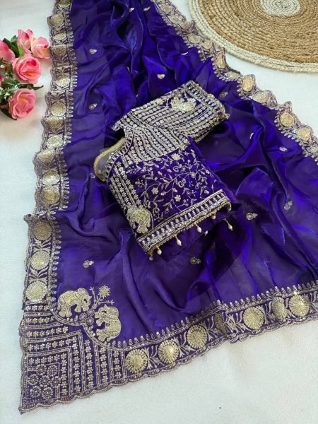 Enduring Purple Designer Pure Fendy Satin Saree with Real Mirror Work Stitched Blouse For Wedding Wear Designer Wedding Sarees Wholesale