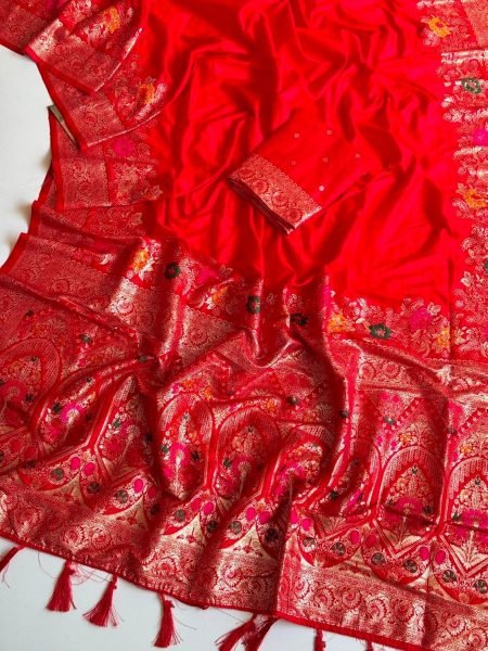 Enduring Red Georgette Silk Saree with Multi Weaving Border for Wedding Functions Sarees 
