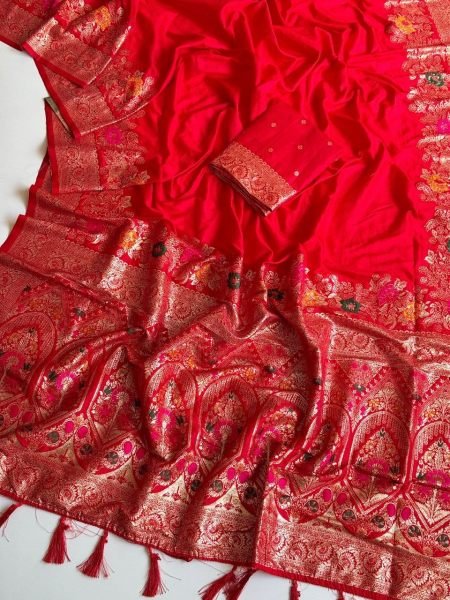 Enduring Red Georgette Silk Saree with Multi Weaving Border for Wedding Functions Silk Sarees Wholesale