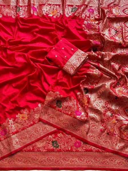 Enduring Red Georgette Silk Saree with Multi Weaving Border for Wedding Functions Silk Sarees Wholesale