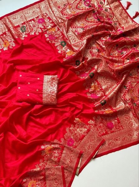 Enduring Red Georgette Silk Saree with Multi Weaving Border for Wedding Functions Silk Sarees Wholesale