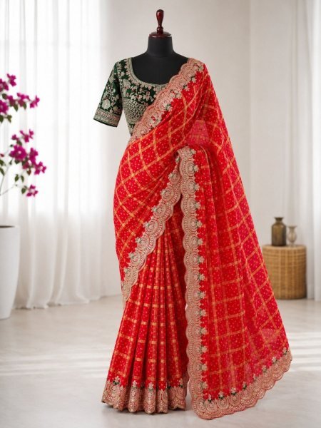 Enduring Red Panetar Chiffon Saree with Heavy Sequins and Thread Work For Wedding Sarees 