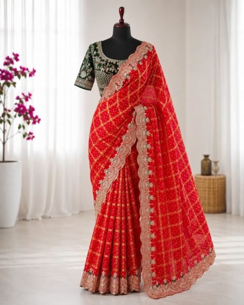 Enduring Red Panetar Chiffon Saree with Heavy Sequins and Thread Work For Wedding Designer Wedding Sarees Wholesale
