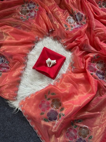 Enduring Red Two Tone Tissue Silk Brush Print Saree with Diamond Cut Work For Festival Silk Sarees Wholesale