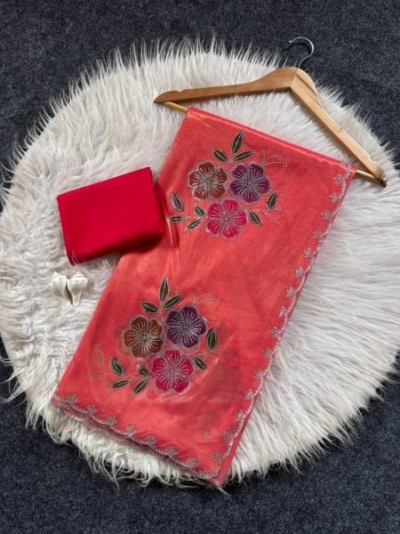 Enduring Red Two Tone Tissue Silk Brush Print Saree with Diamond Cut Work For Festival Silk Sarees Wholesale