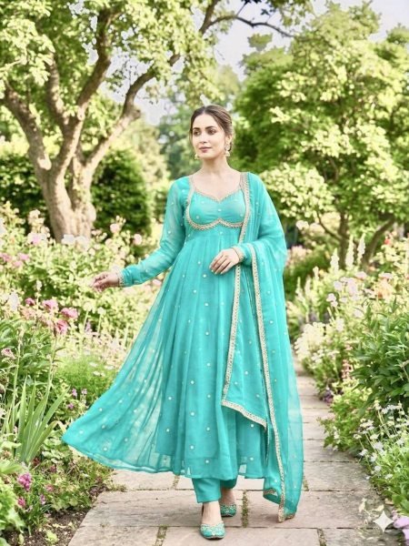 Enduring Sky Blue Anarkali Gown with Dupatta and Pant for Festive Wear Ready To Wear Suit