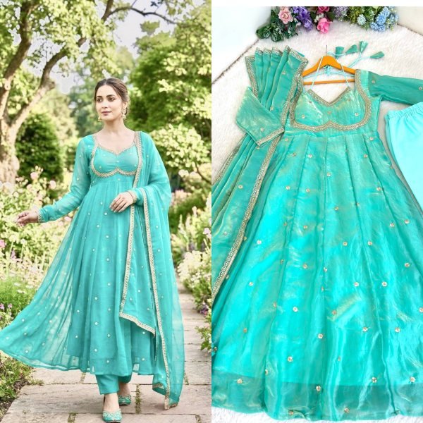 Enduring Sky Blue Anarkali Gown with Dupatta and Pant for Festive Wear Ready To Wear Collection