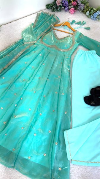 Enduring Sky Blue Anarkali Gown with Dupatta and Pant for Festive Wear Ready To Wear Collection