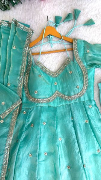 Enduring Sky Blue Anarkali Gown with Dupatta and Pant for Festive Wear Ready To Wear Collection
