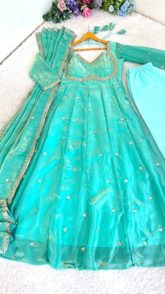 Enduring Sky Blue Anarkali Gown with Dupatta and Pant for Festive Wear Ready To Wear Collection