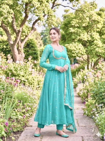 Enduring Sky Blue Anarkali Gown with Dupatta and Pant for Festive Wear Ready To Wear Collection