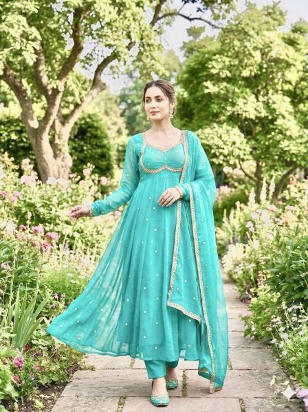 Enduring Sky Blue Anarkali Gown with Dupatta and Pant for Festive Wear Ready To Wear Collection