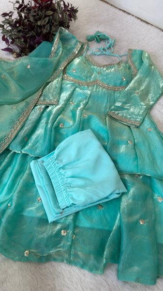 Enduring Sky Blue Anarkali Gown with Dupatta and Pant for Festive Wear Ready To Wear Collection