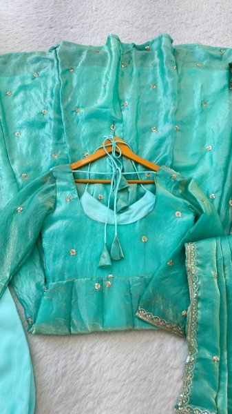 Enduring Sky Blue Anarkali Gown with Dupatta and Pant for Festive Wear Ready To Wear Collection