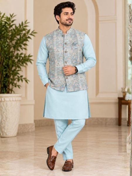 Enduring Sky Blue Premium Kurta Koti Pyjama Set with Heavy Self Work for Festival  