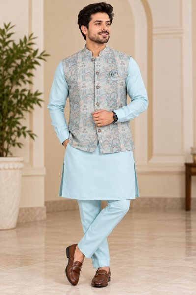 Enduring Sky Blue Premium Kurta Koti Pyjama Set with Heavy Self Work for Festival  Kurta Pajama Wholesale