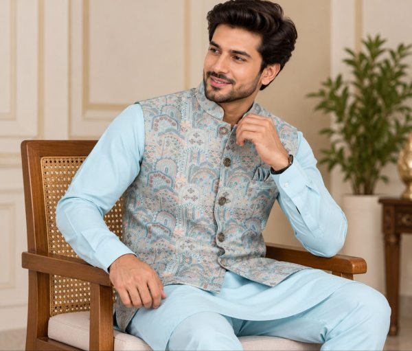 Enduring Sky Blue Premium Kurta Koti Pyjama Set with Heavy Self Work for Festival  Kurta Pajama Wholesale