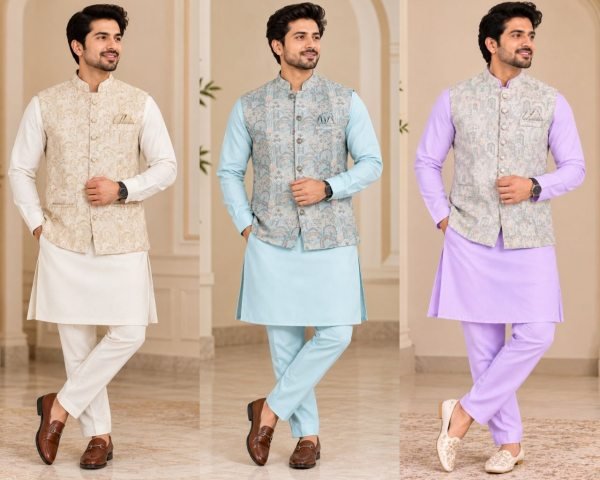 Enduring Sky Blue Premium Kurta Koti Pyjama Set with Heavy Self Work for Festival  Kurta Pajama Wholesale