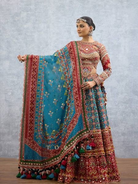 Enduring Teal Blue Heavy Muslin Cotton Kutchi Lehenga Choli with Real Mirror Embroidery 