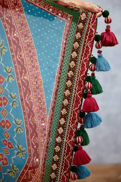 Enduring Teal Blue Heavy Muslin Cotton Kutchi Lehenga Choli with Real Mirror Embroidery Navratri Lehnega Choli