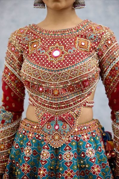 Enduring Teal Blue Heavy Muslin Cotton Kutchi Lehenga Choli with Real Mirror Embroidery Navratri Lehnega Choli