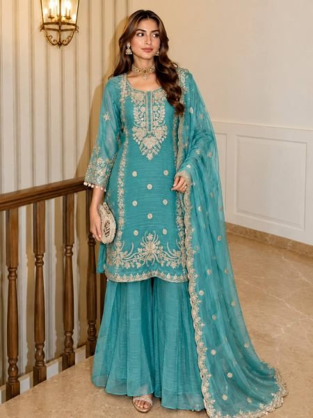 Enduring Teal Blue Shalsa Crash Embroidered Sharara Suit with Micro Silk Inner Ready To Wear Suit